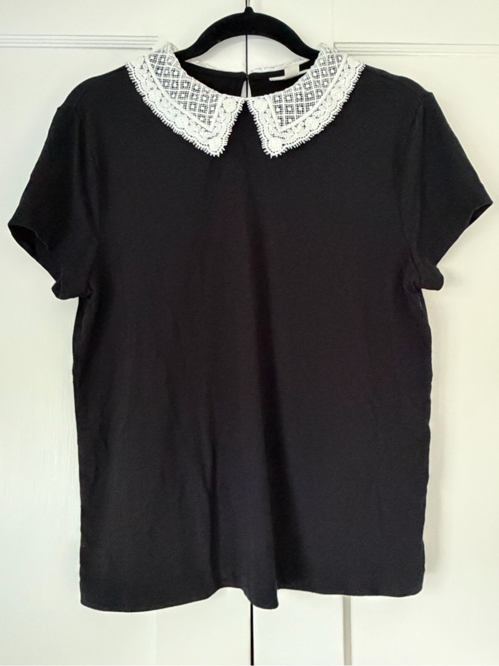Maison Jules Black with White Lace Peter Pan Collar Top Short Sleeve Size Large